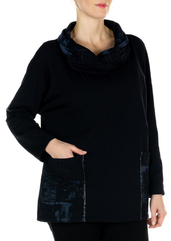Black Cow Neck Sweater with Side Pockets